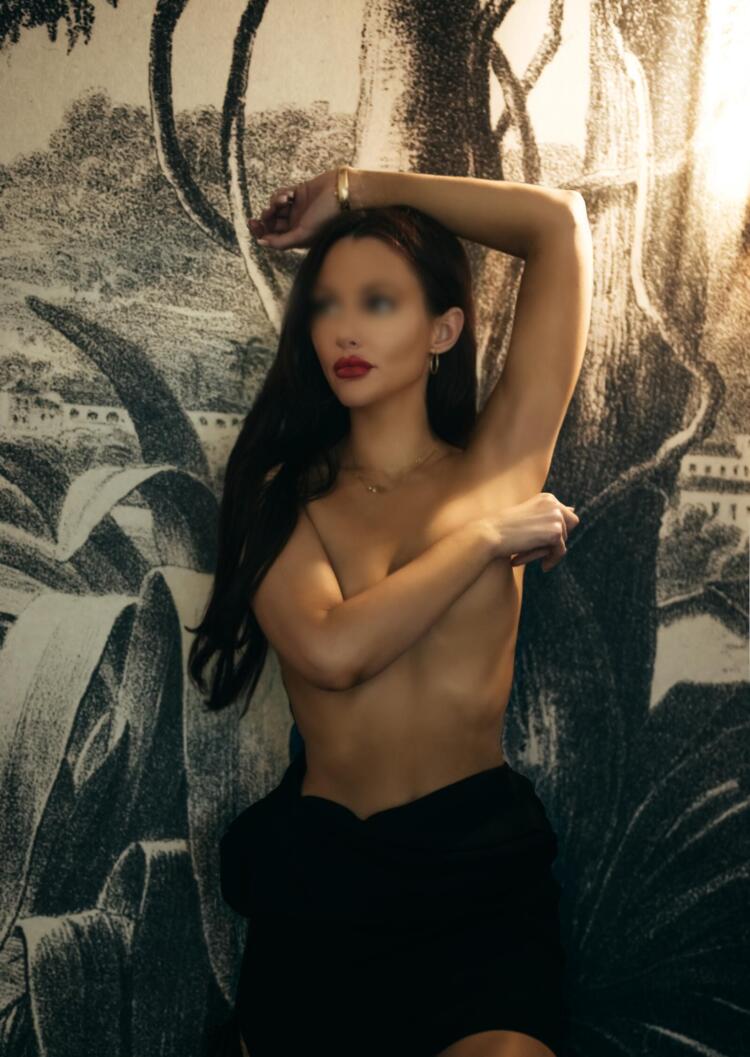 Toronto escort with long brunette hair poses for the camera in front of a jungle theme in a barely there black dress